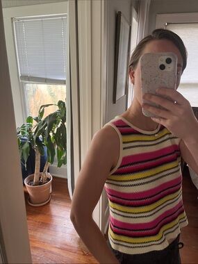 Striped Knit Tank Top in Pink, Yellow, Black & Cream